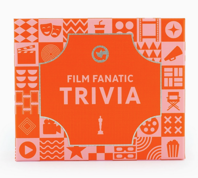 Box cover for Film Fanatic Trivia Cards. It is orange with geometric patterns and light pink lettering.