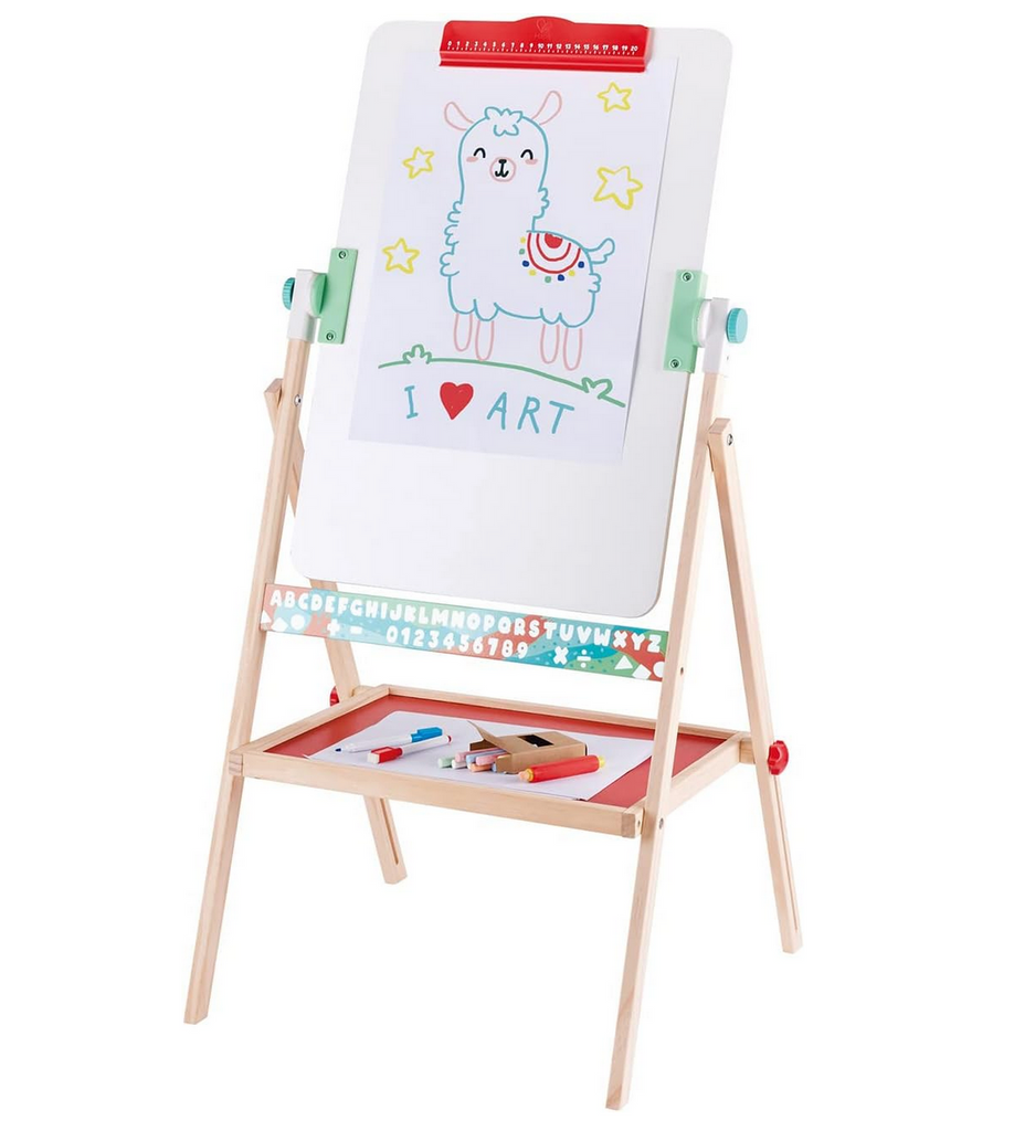 The Fold Flat Easel with the whiteboard side and a llama drawing attached. 