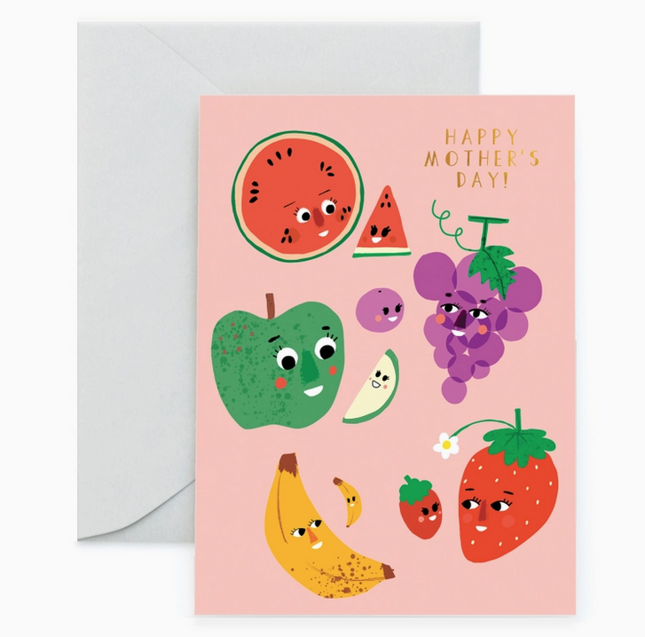 Pink card with illustrated fruits with faces taht reads "Happy Mother's Day"