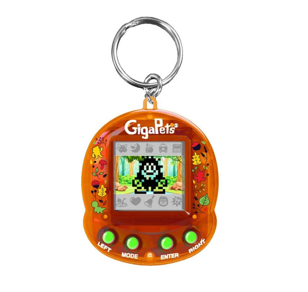 GigaPets Cryptids eith keyring and brown case with green buttons. 