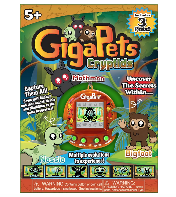 GigsPets Cryptids packaging with illustrated drawings of all three cryptids that are included with this gigapets, along with the actual GigaPets seen through a clear plastic window.
