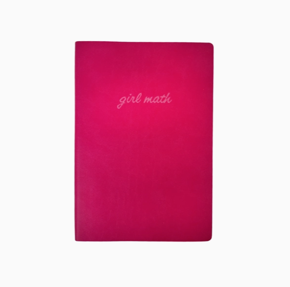 Pink vegan leather bound journal with cursive writing in light pink that reads "girl math"