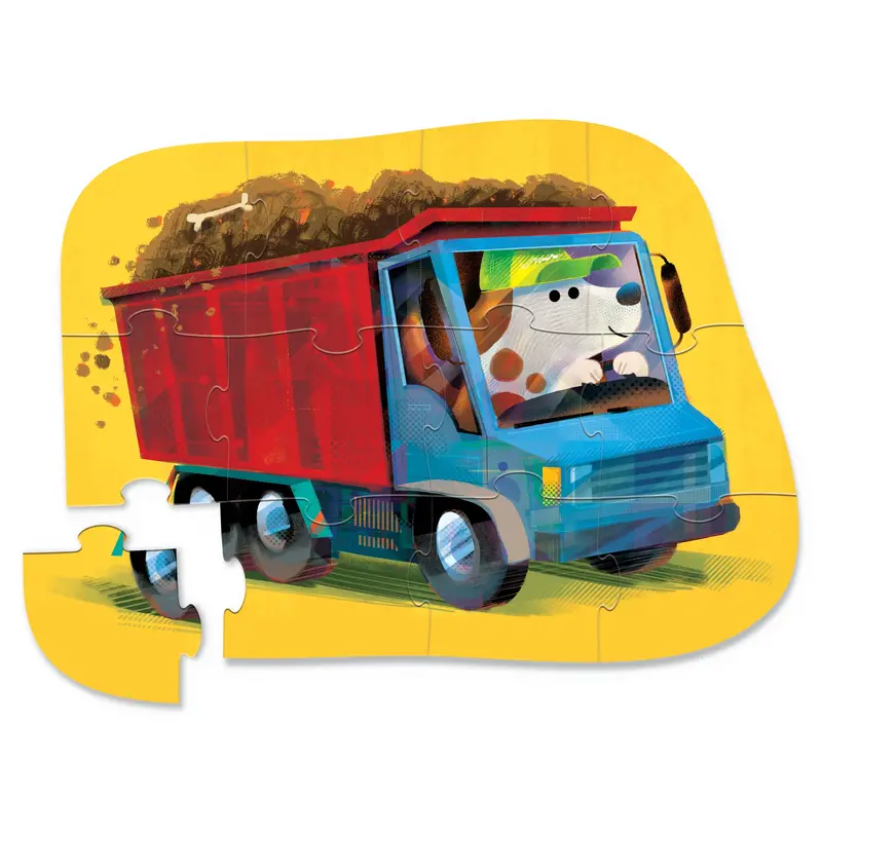Completed 12 piece puzzle of a dog driving a dump truck full of dirt.