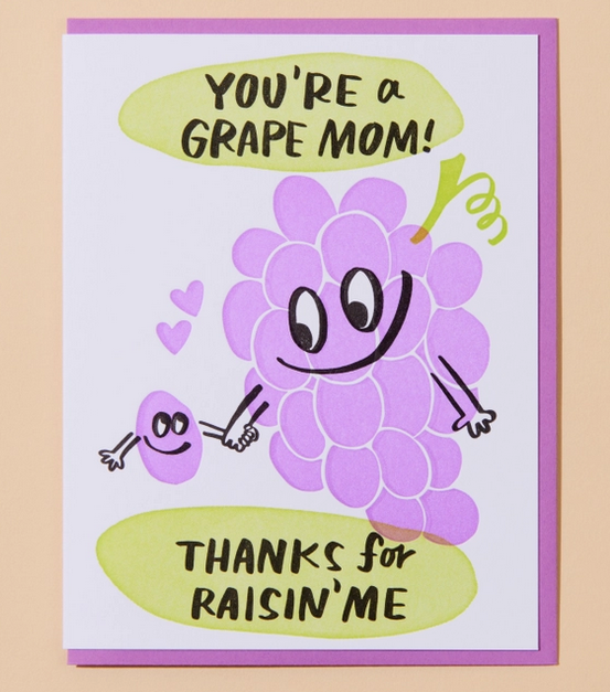 Card with illustration of a bunch of grapes holding the hand of a single grape.