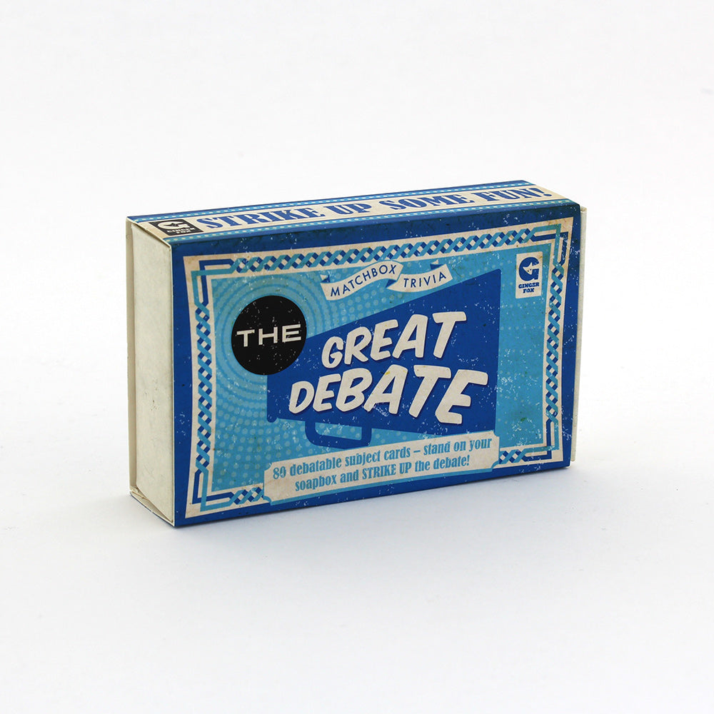 The Great Debate card deck with blue and white graphics packaged in a matchbox.
