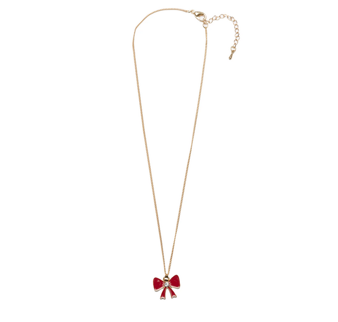 Full view of the Holiday Bow Necklace showing the length of the chain as well as the adjustable feature. 