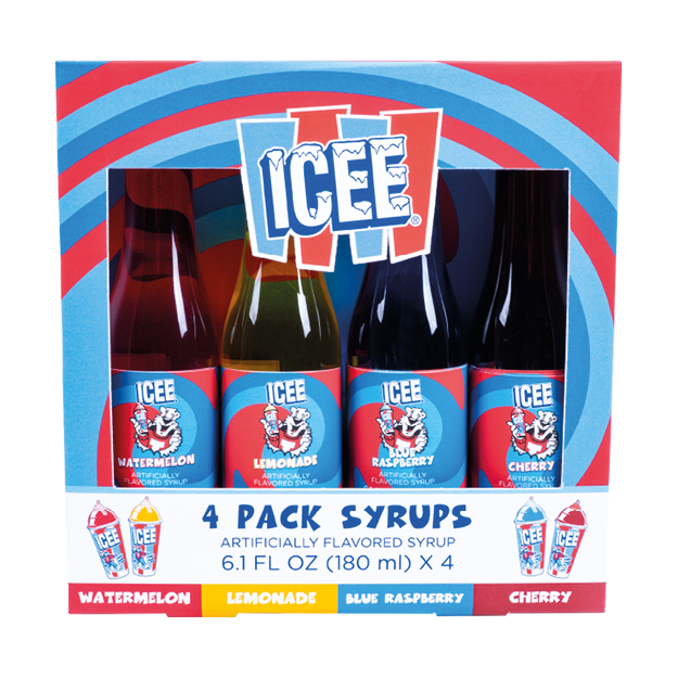 Four pack of ICEE syrups in a blue and red swirled box. Flavors are watermelon, lemonade, blue raspberry and cherry.