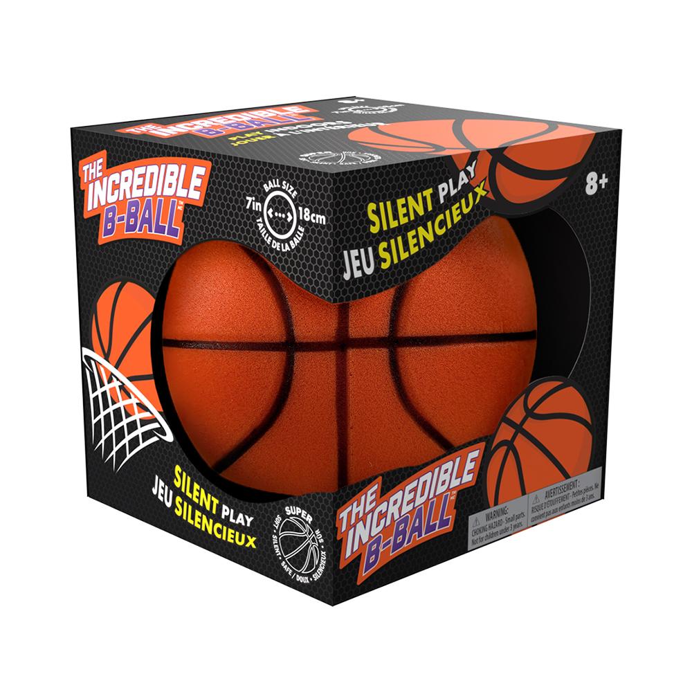 Incredible B-ball in a black box with two open sides to see and feel the soft orange basketball.