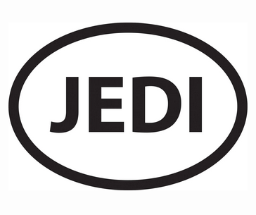 Oval white sticker outlined in black with Jedi in black letters.