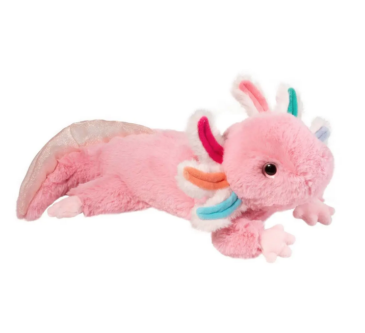 Pink plush axolotl laying on it's stomach with rainbow colored gills.