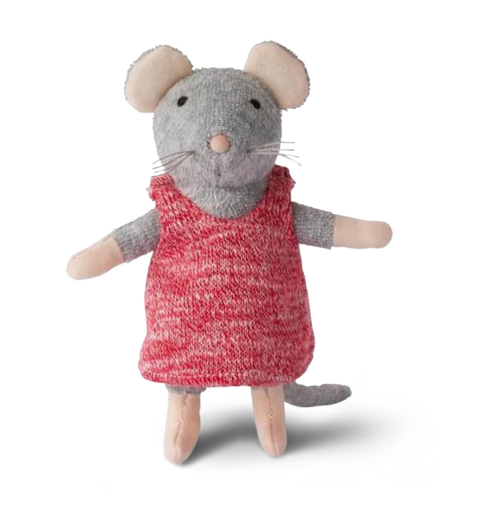 Plush Julia Mouse wearing a red dress.