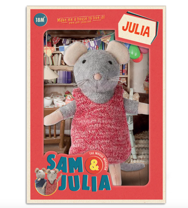 Plush Julia Mouse packaged in an open box.