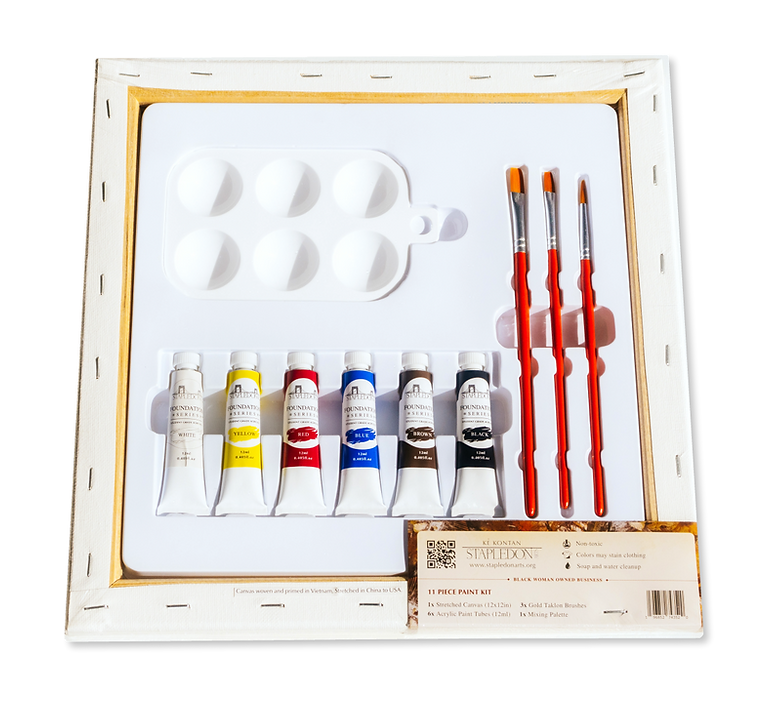 Back side of packaged canvas with six tubes of paint, three brushes and paint tray. 