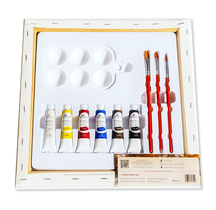 Back of canvas package with paint tray, six tubes of paint and three paint brushes. 