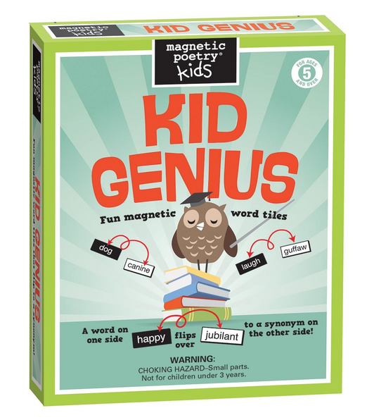 Kid Genius Magnetic Poetry box with an illustrated owl wearing a graduate cap standing on a stack of books with examples of the word tiles beside him.