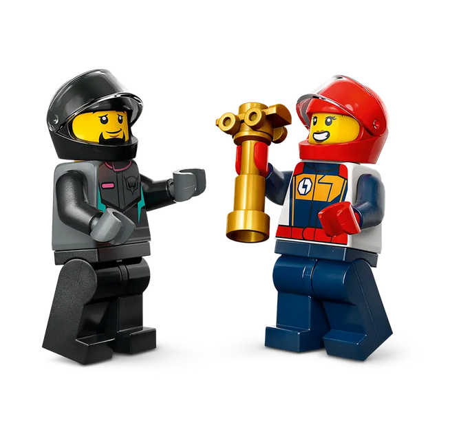 Close up of the two driver minifigures wearing their helmets. 