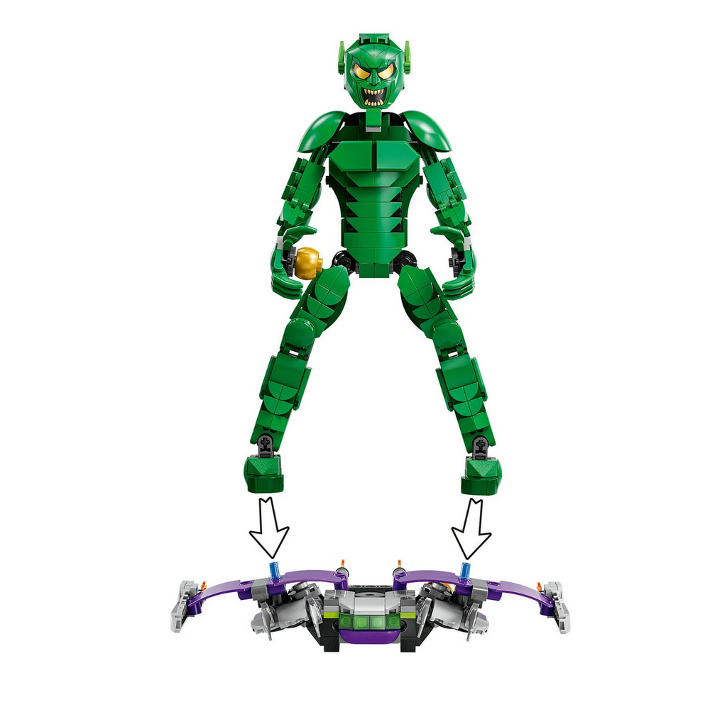 The Green Goblin LEGO figure fully assembled standing above his glider.
