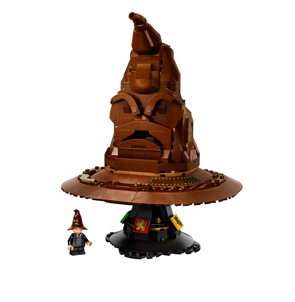 Built LEGO Talking Sorting Hat model on stand with HArry Potter minifigure.