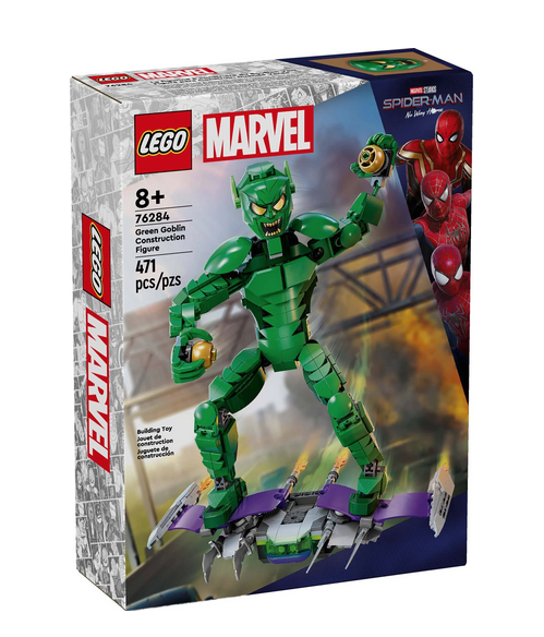 Box with images of the LEGO Green Goblin Construction Figure. The Green Goblin is fully built and on his glider holding pumpkin bombs.