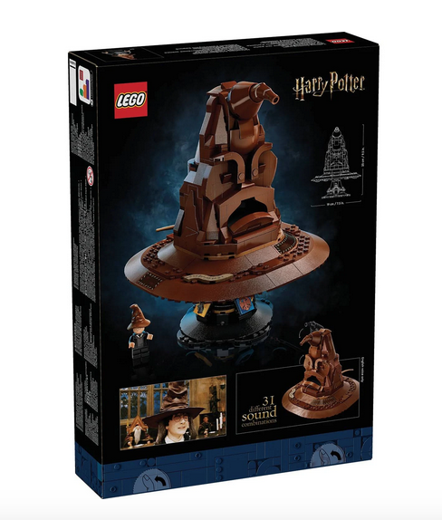 LEGO box with picture of the completed Talking Sorting Hat and a picture from the movie of Harry wearing the hat.
