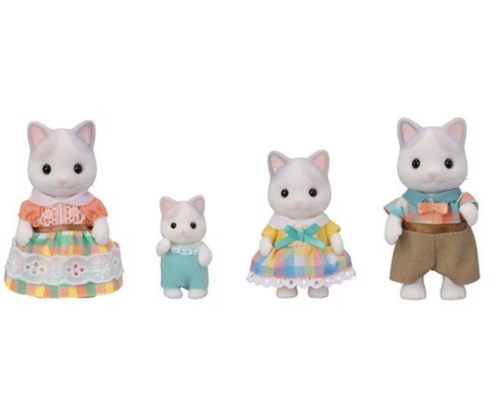 Mother, father, big sister, and little brother Calico Critters Latte Cat Family figures on a white background.