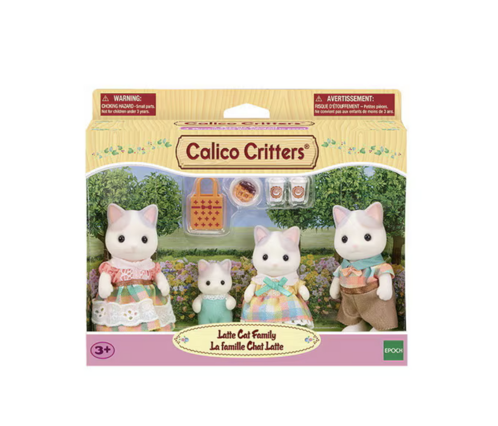 Calico Critters Latte Cat Family figures in their display box.