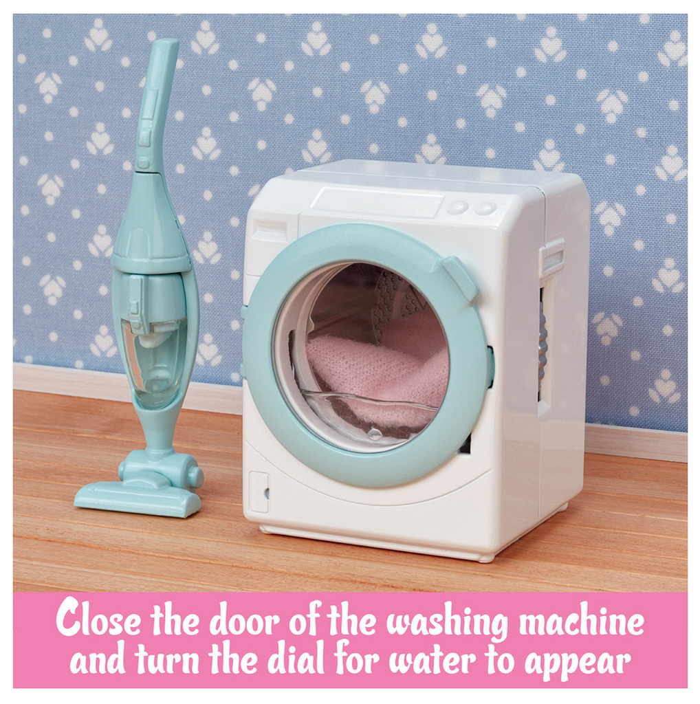 Washing machine and upright vacumm. Text reads Close the door of the washing machine and turn the dial for the water to appear.