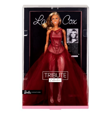 The Barbie Tribute Collection celebrates award-winning actress, producer, writer and advocate Laverne Cox. The Laverne Cox Barbie doll dazzles in a triple-threat ensemble featuring a deep red tulle gown gracefully draped over a silver metallic bodysuit. Her hair is swept into glamorous Hollywood waves while dramatic makeup completes her look. This collectible Laverne Cox Barbie doll is sculpted to her likeness and features articulation for endless posing possibilities.
