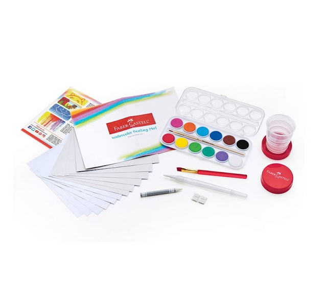 This watercolor paint set features 12 vibrant washable watercolor cakes, 2 assorted paint brushes, easy squeeze water brush, resist art crayon, 12 watercolor paper sheets, instructions, techniques and more all in a portable plastic carrying case! 