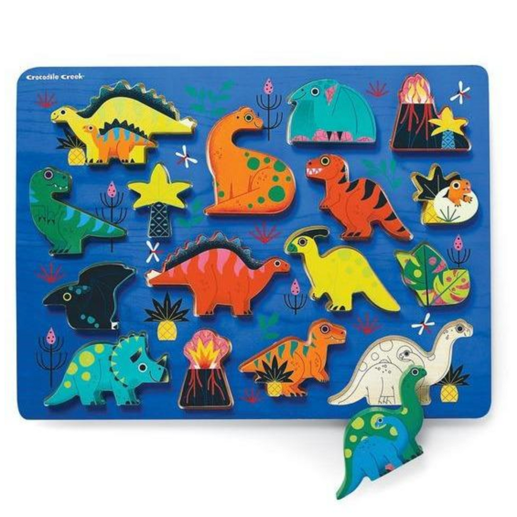 Let's Play Dinosaur Wood Puzzle with all but one of the chunky dinosaur pieces in place.