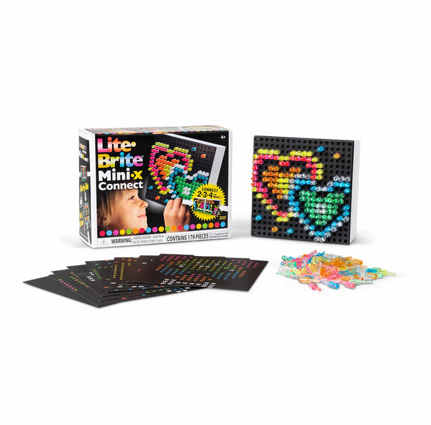 The Lite Brite Mini x Connect board with two hearts and extra grids and pegs in the foreground. 