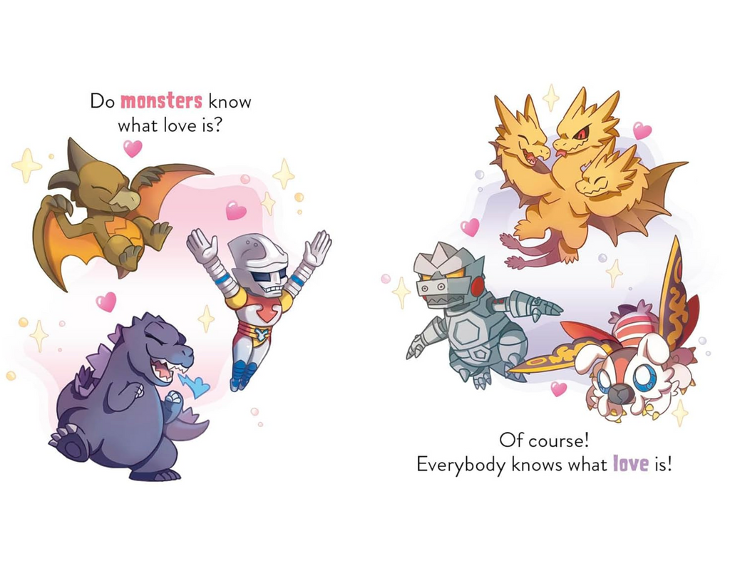 Interior pages show illustrations of various kaiju from the Godzilla series with text "Do monsters know what love is? Of course! Everybody knows what love is!"