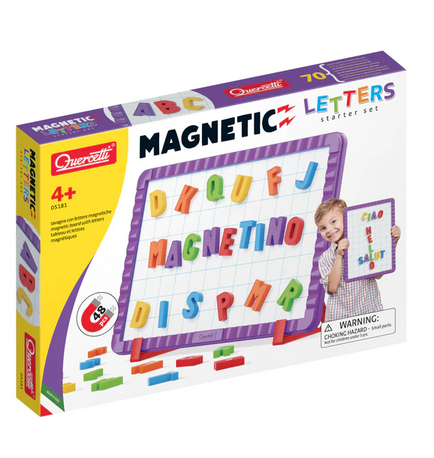The Magnetic Board and Letters box with a picture of the board displaying letters that spell"Magnetino"