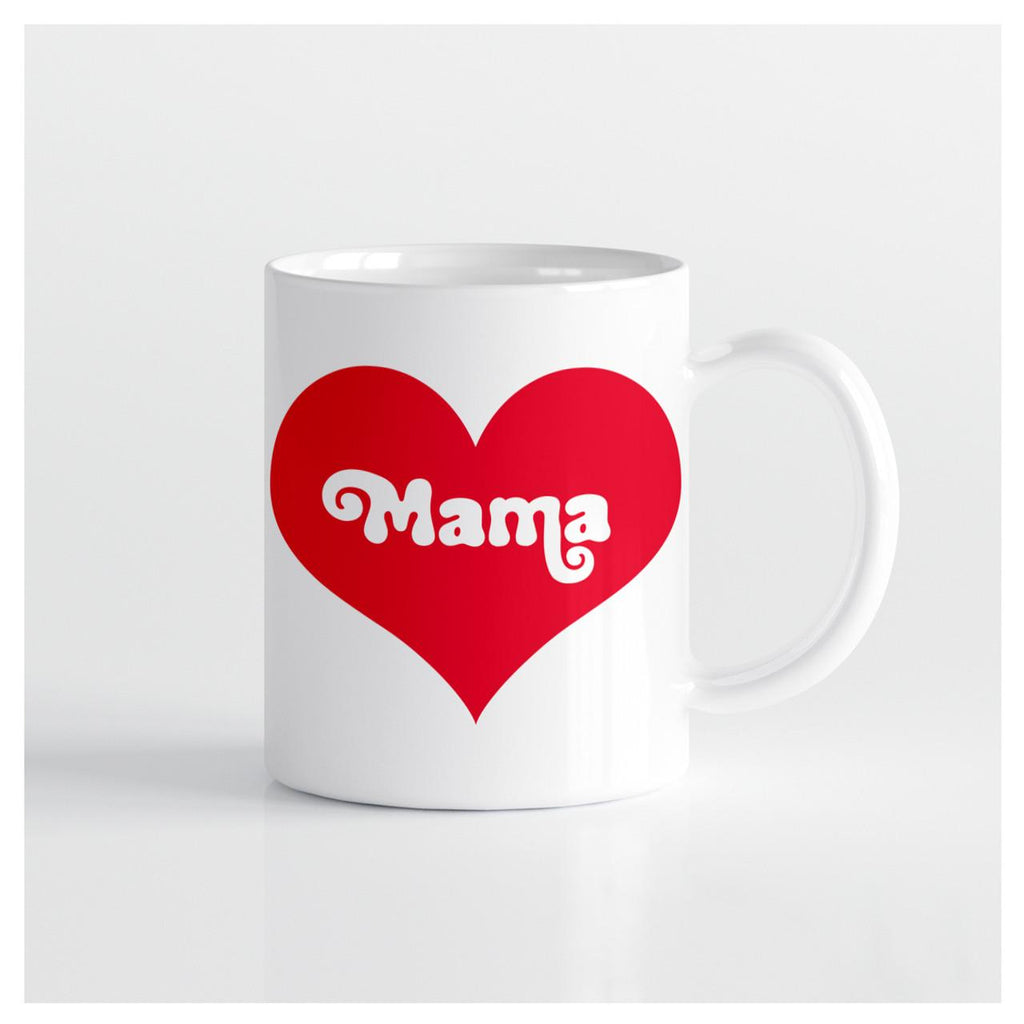 White mug with red heart and "Mama" written inside the heart in white letters 
