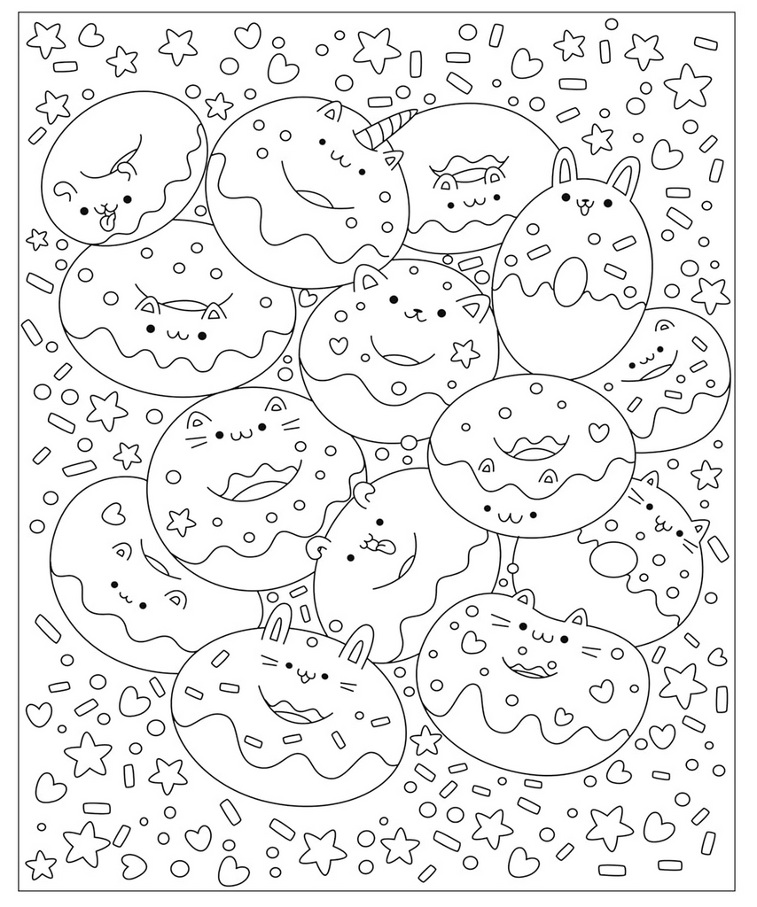 Interior page from Mangatopia Cupcakes and Kitties Coloring Book with black and white cartoon characters of kitty cat doughnuts. 