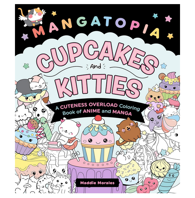 Coloring book cover with kitty cats and cupcakes cartoon characters in the kawaii style.