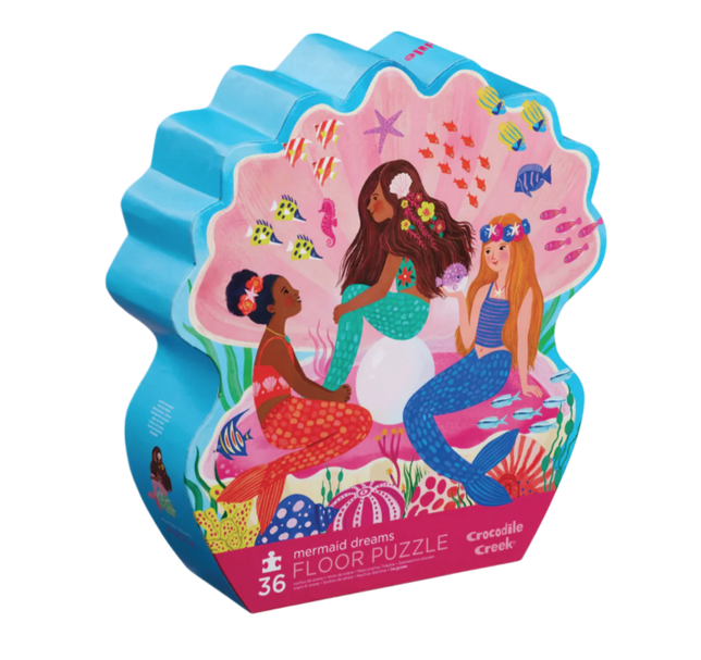 Shaped puzzle box with illustrated image of mermaids on the cover.
