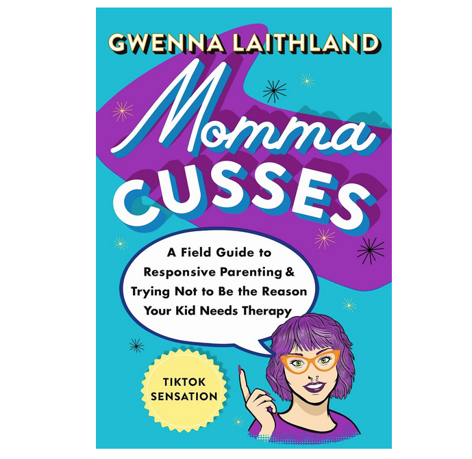 Illustrated book cover for "Momma Cusses" with blue backgropund and purple banner behind the title. With an illustrated portrait of the author.