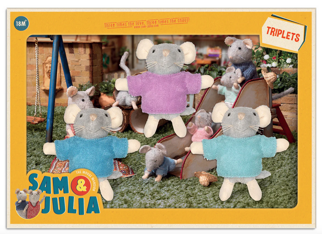 Plush Mouse Triplets packaged in an open box.