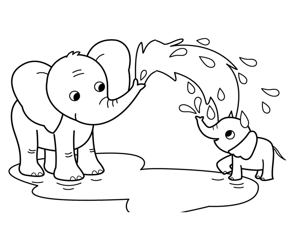 Interior coloring page from My Busy Baby Animals Coloring Book of a baby elephant being showered by a bigger elephant. 