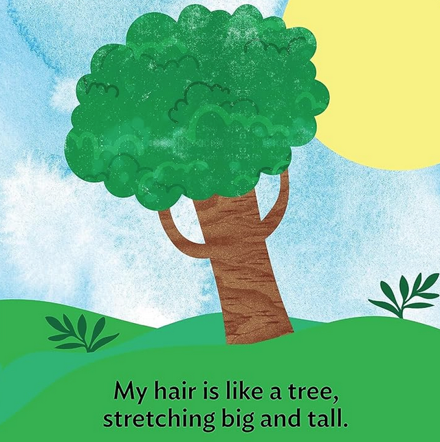 Interior page from "My Hair Is Like the Sun" with illustration of a tree that reads "My hair is like a tree, stretching big and tall."