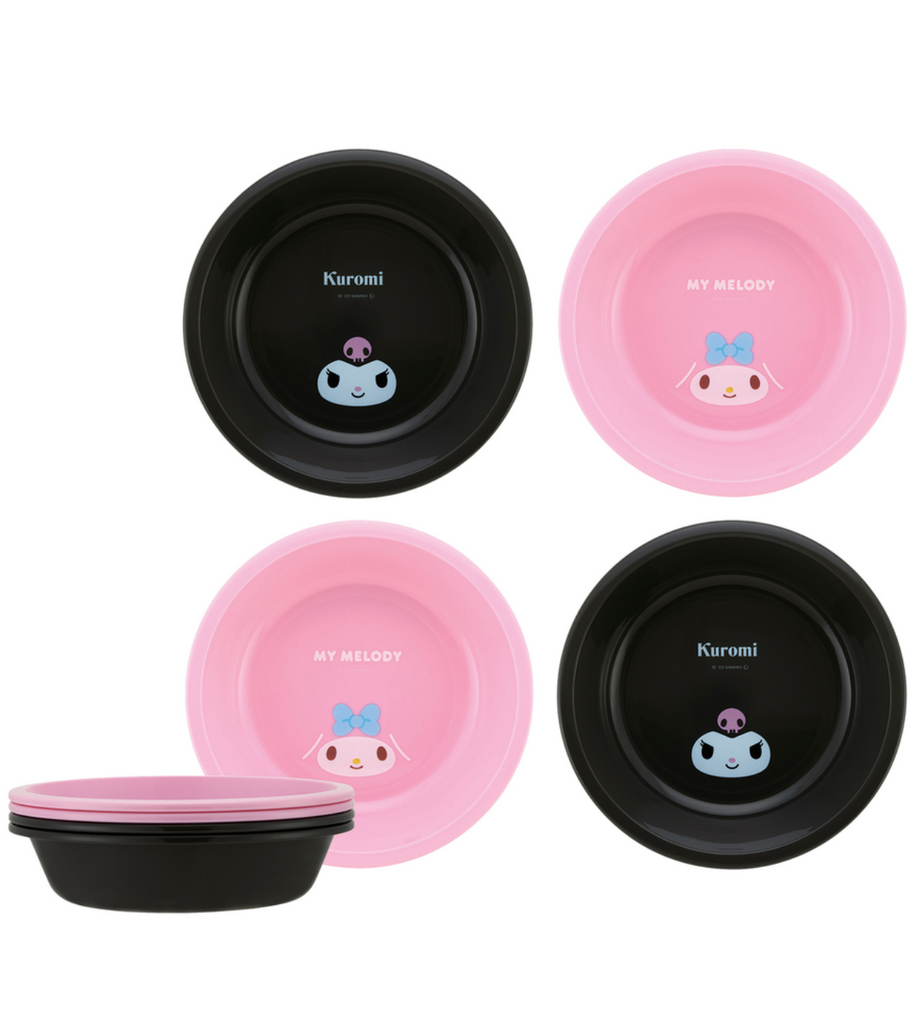 Set of four bowls 2 are pink with My Melody printed inside the bowl and the other two are black with Kuromi.