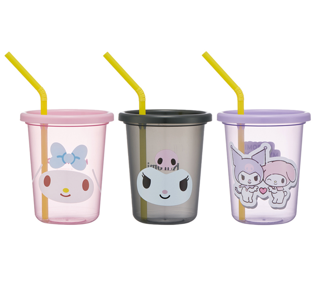 Front view of the tumblers in the My Melody and Kuromi set. One pink with My Melody, one black with Kuromi amd a purple with both My Melody and Kuromi.