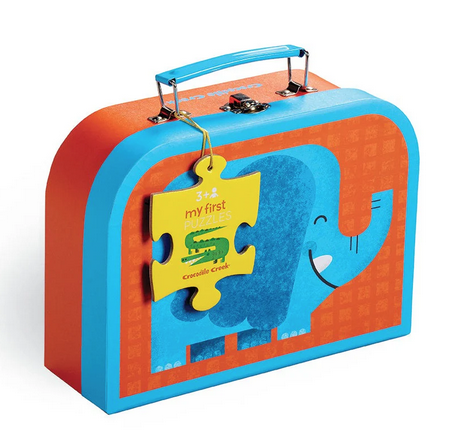 Carrying case for the three puzzles included in the My First Puzzle jungle set. The case is orange with a blue elephant illustrated on the front and a blue handle.