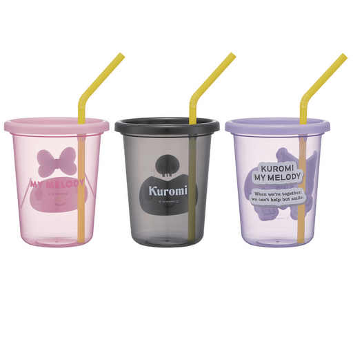 Tumblers in the My Melody and Kuromi set. One pink with My Melody, one black with Kuromi amd a purple with both My Melody and Kuromi.