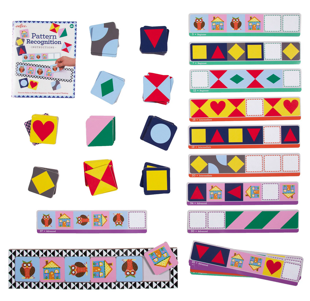 Contents of Pattern Recognition game box includes pattern tiles, sequence cards, and instructions.