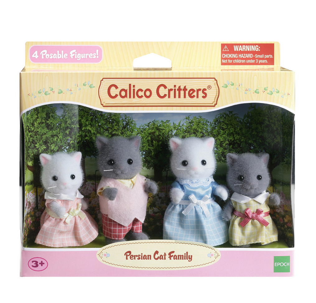 Calico Critters Persian Cat Family figures in their display box.