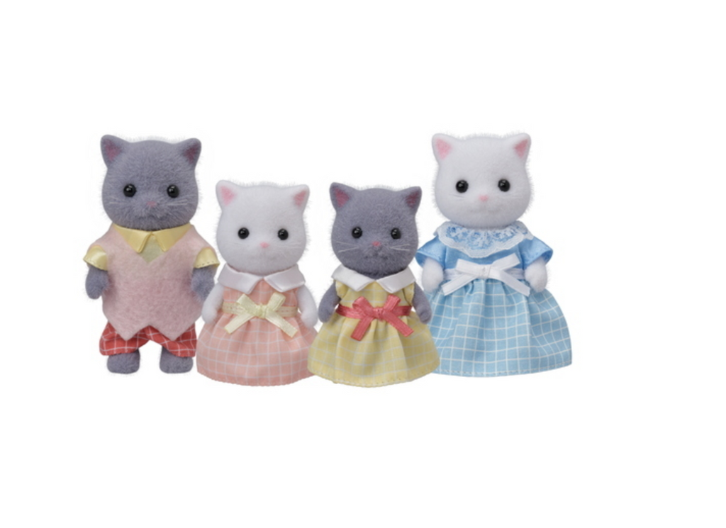 Calico Critters Persian Cat Family figures on a white background.