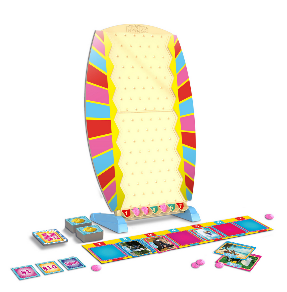 Plinko game board with tokens, money cards, and hi lo cards.