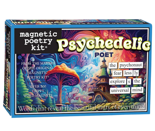 Psychedelic Poet Magnetic Poetry box with illustrations of colorful trees and mushrooms with colorful swirls and a short poem written with the magnetic tiles. 